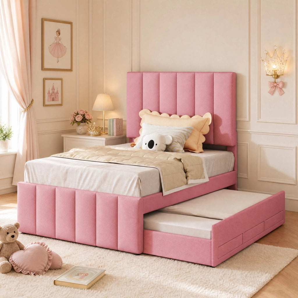 Letto imbottito multifunzione con letto estraibile e 3 cassetti, colore rosa