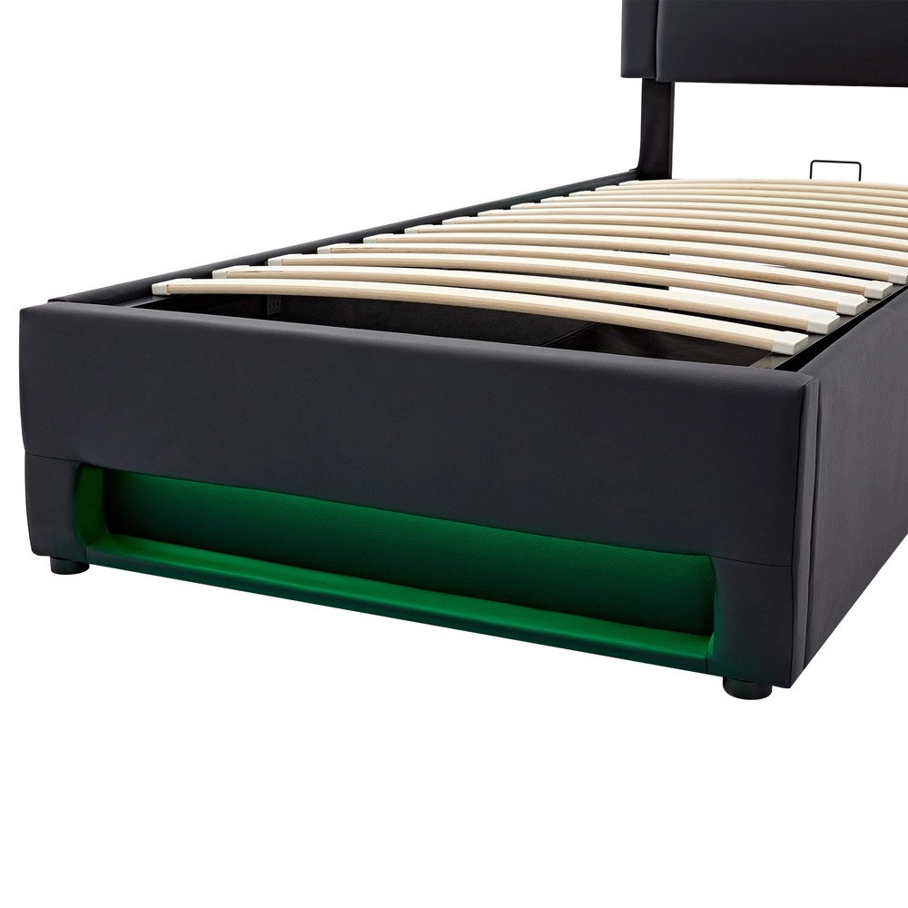 Letto Imbottito con LED e Contenitore ¨C MINIMAL ¨C 90x200, USB, Similpelle Nero