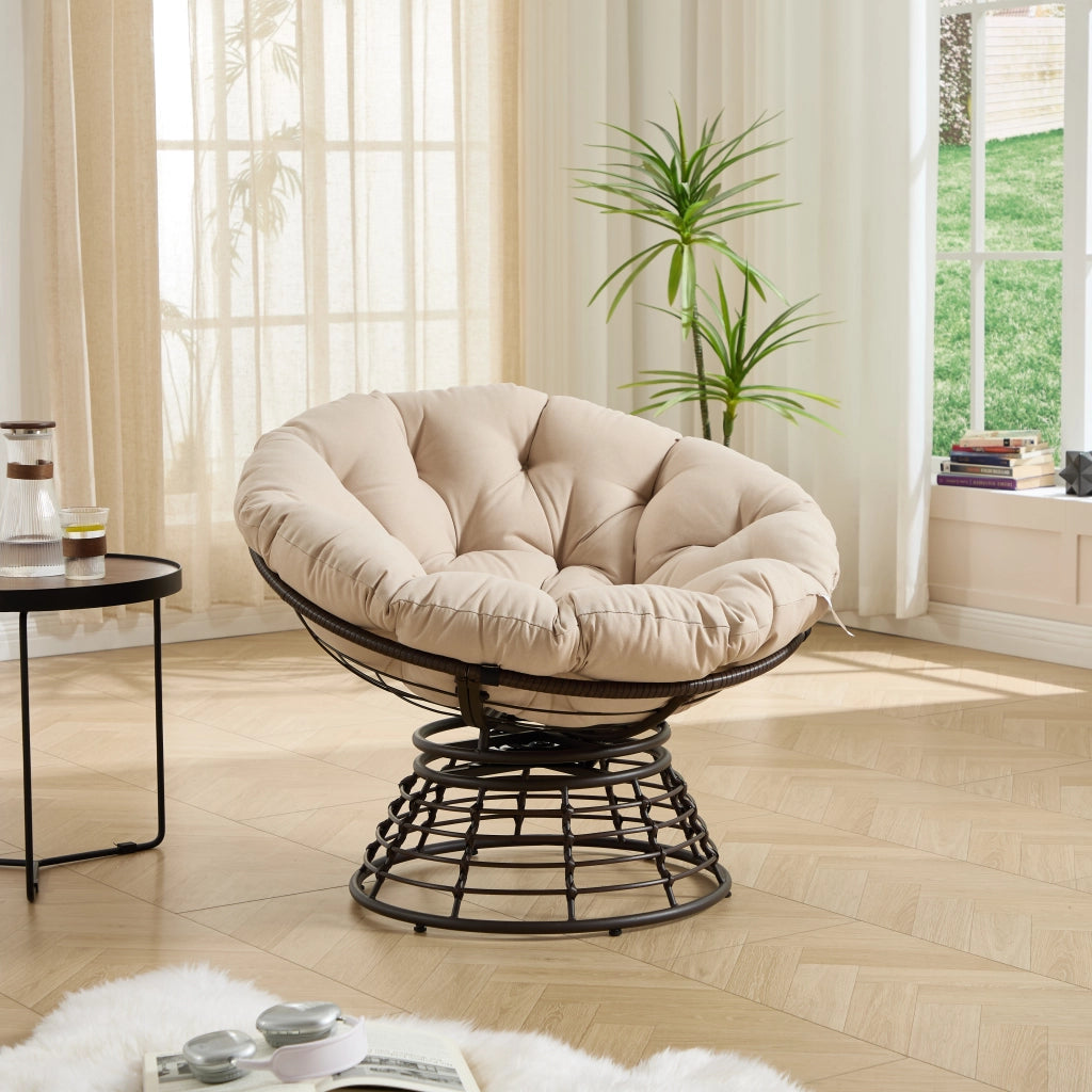Chaise ergonomique confortable en osier papasan chaise int¨¦rieure ext¨¦rieure pivotante ¨¤ 360¡ã avec coussin ¨¦pais et doux id¨¦ale pour le salon la chambre la salle de lecture cadre marron avec coussin beige