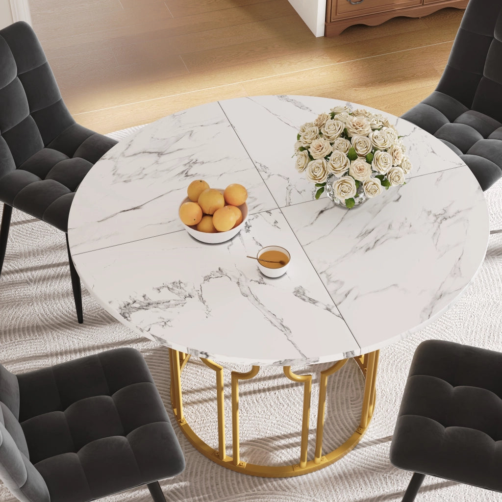 Tavolo da pranzo rotondo 100x100x76 cm in MDF e metallo, colore oro e bianco