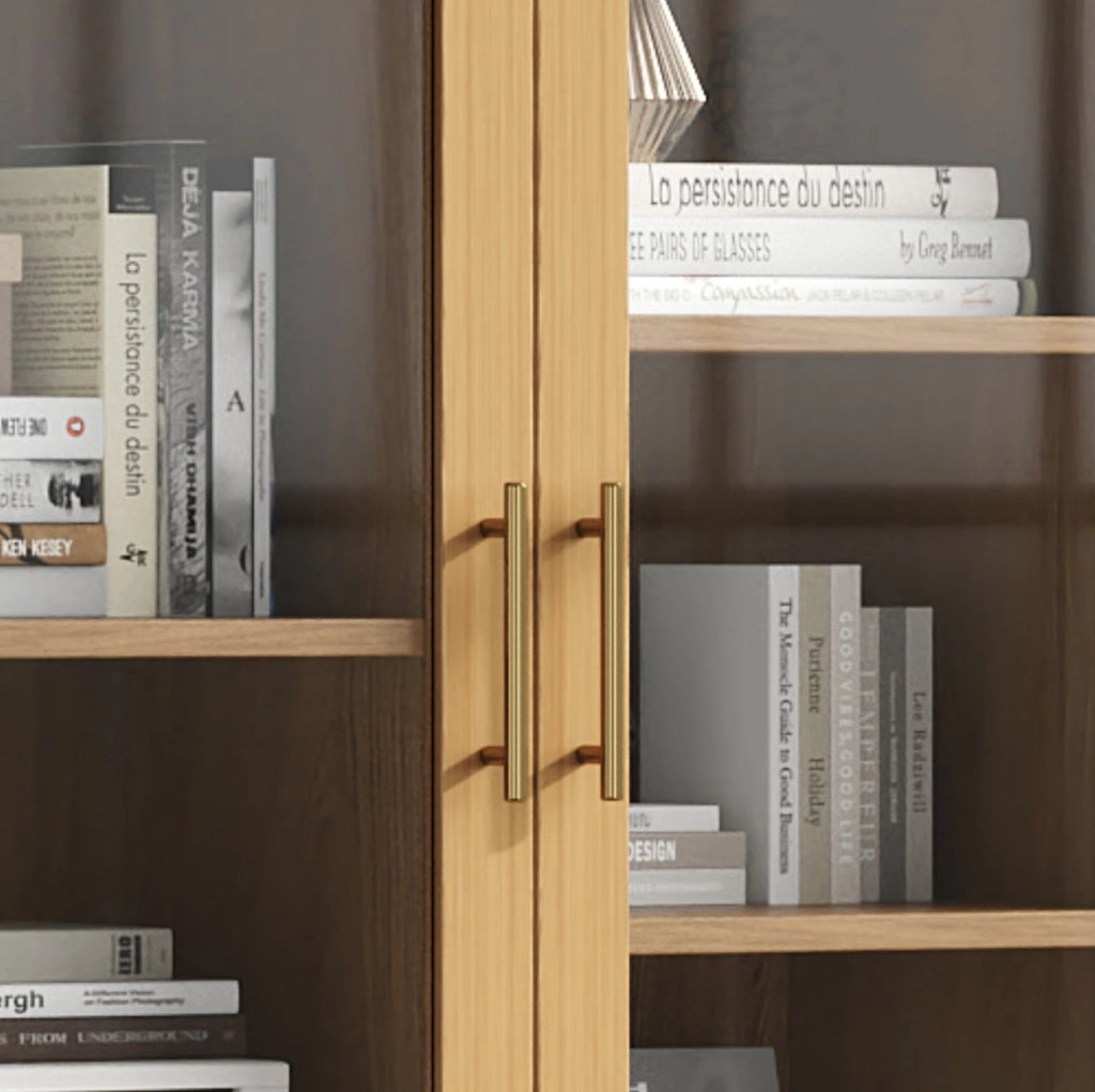 Vetrina 80x40x160 cm con ripiani sfalsati e cassetto push-to-open; naturale