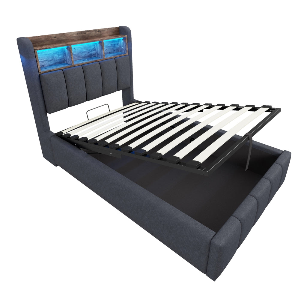 Letto imbottito 90x200 cm con LED; USB e vano contenitore; grigio; con materasso