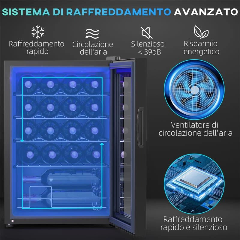 CANTINETTA VINO REFRIGERATA PER 20 BOTTIGLIE, CAPACITÀ 53L PORTA IN VETRO ANTI-UV E RIPIANI REGOLABILI NERO 43X48X64 CM