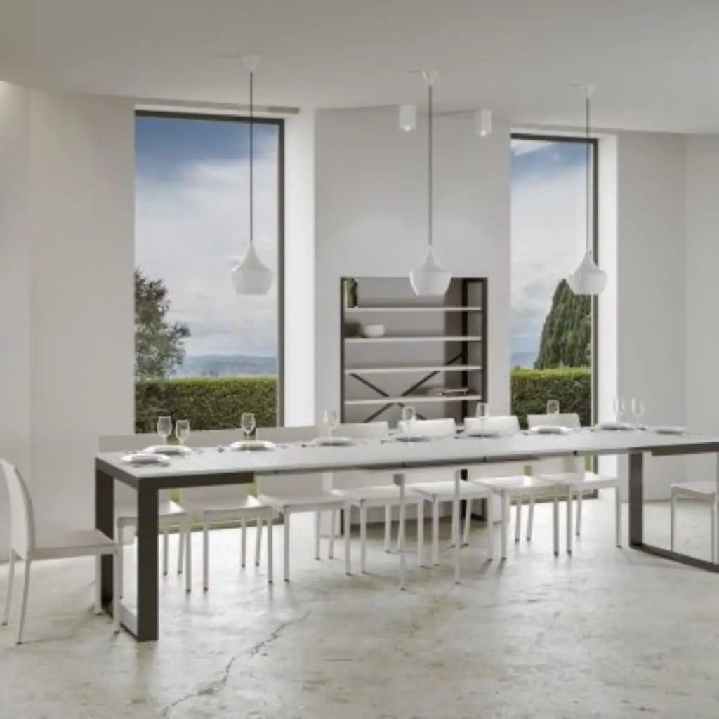 Tavolo allungabile 120/380x90 cm Tecno Evolution colore bianco frassino telaio e gambe antracite