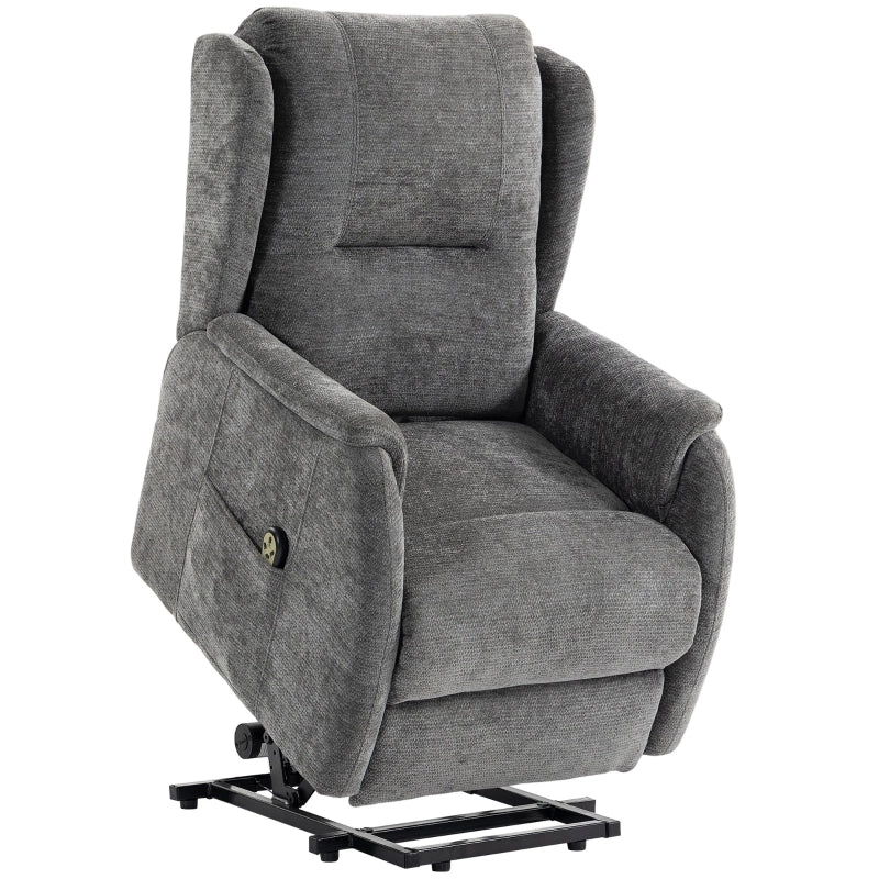 Poltrona reclinabile elettrica con telecomando e tasche laterali, Chenille, Legno, Grigio scuro