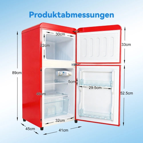 Frigorifero a doppia porta (86L) – controllo della temperatura a 7 livelli; classe di efficienza energetica E; luce a LED; ripiani regolabili e portauova – rosso
