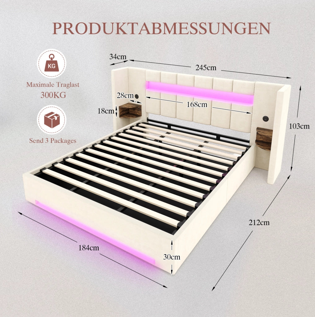 Letto 180x200 cm con contenitore; USB e LED in velluto beige