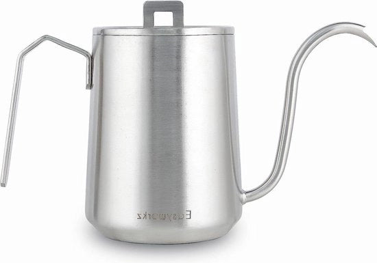 Caffettiera da 600ml in Acciaio Inox a Mano con Filtro a Gocce - Lungo Beccuccio - Laccato Argento