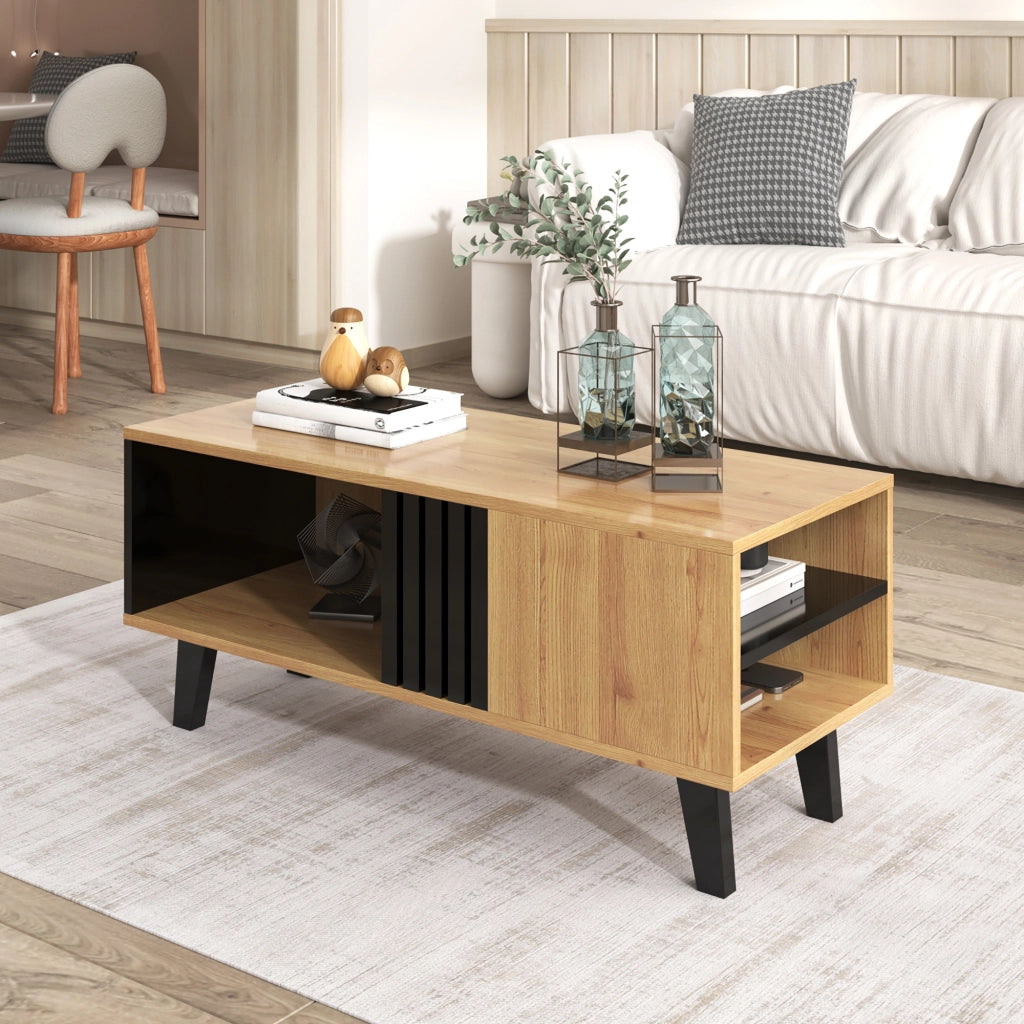 Tavolino da salotto grande 100x60x45 cm - Zephmum - Design in legno colorato e nero, cassetti, versatile