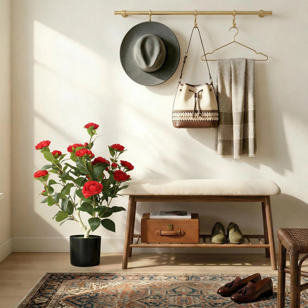 Planta Artificiale Camelia in Vaso con Fiori ¨C Minimal ¨C 65 cm, Effetto Muschio Rosso
