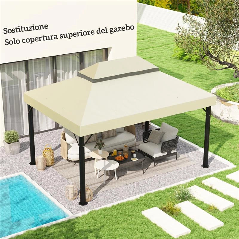 COPERTURA PER GAZEBO DA GIARDINO 3X4 M A 2 LIVELLI IN TESSUTO OXFORD 600D CON FORI DI DRENAGGIO BIANCO CREMA