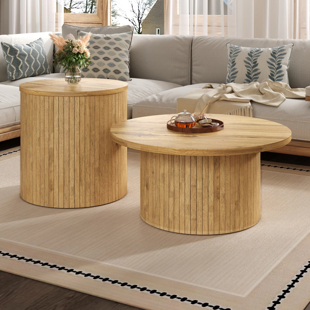 Tavolini da Salotto Impilabili Rotondi con 2 Tavoli e Vano Contenitore Stile Nordico per Soggiorno MDF Naturale