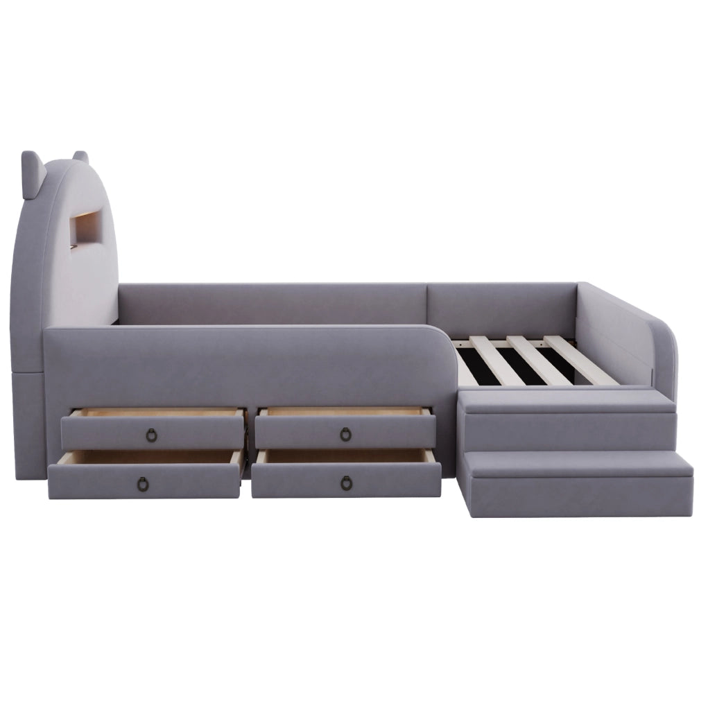 Letto per bambini imbottito 90x200 cm con contenitore, luce notturna USB e cassetti