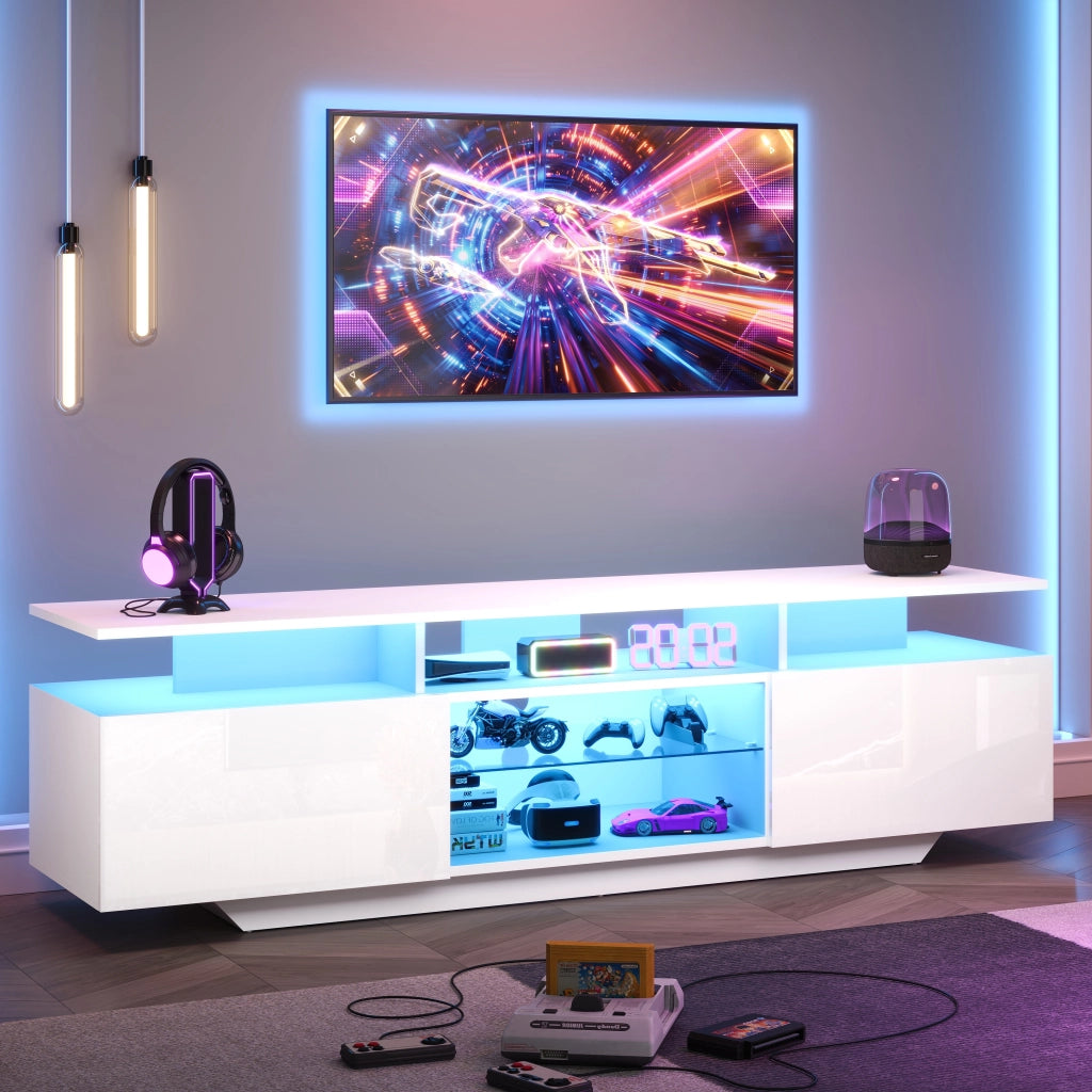 Mobile TV con LED ¨C MINIMAL ¨C Bianco Lucido, MDF, 160x40x45 cm, 8 Ripiani, 2 Ante