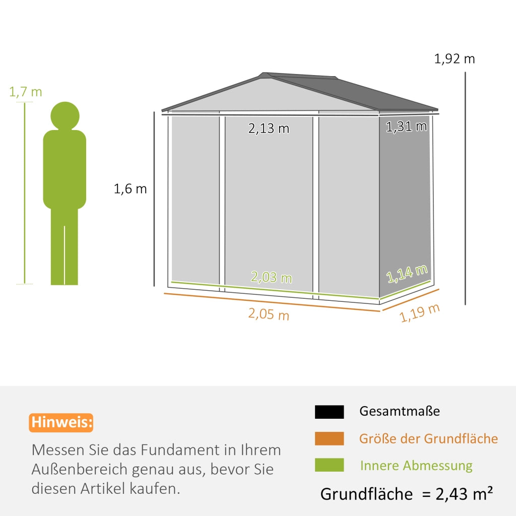 Casetta da giardino in acciaio zincato, 2,43 m2 (213 x 131 x 192 cm), con tetto a falde, porta scorrevole con serratura, resistente alle intemperie,