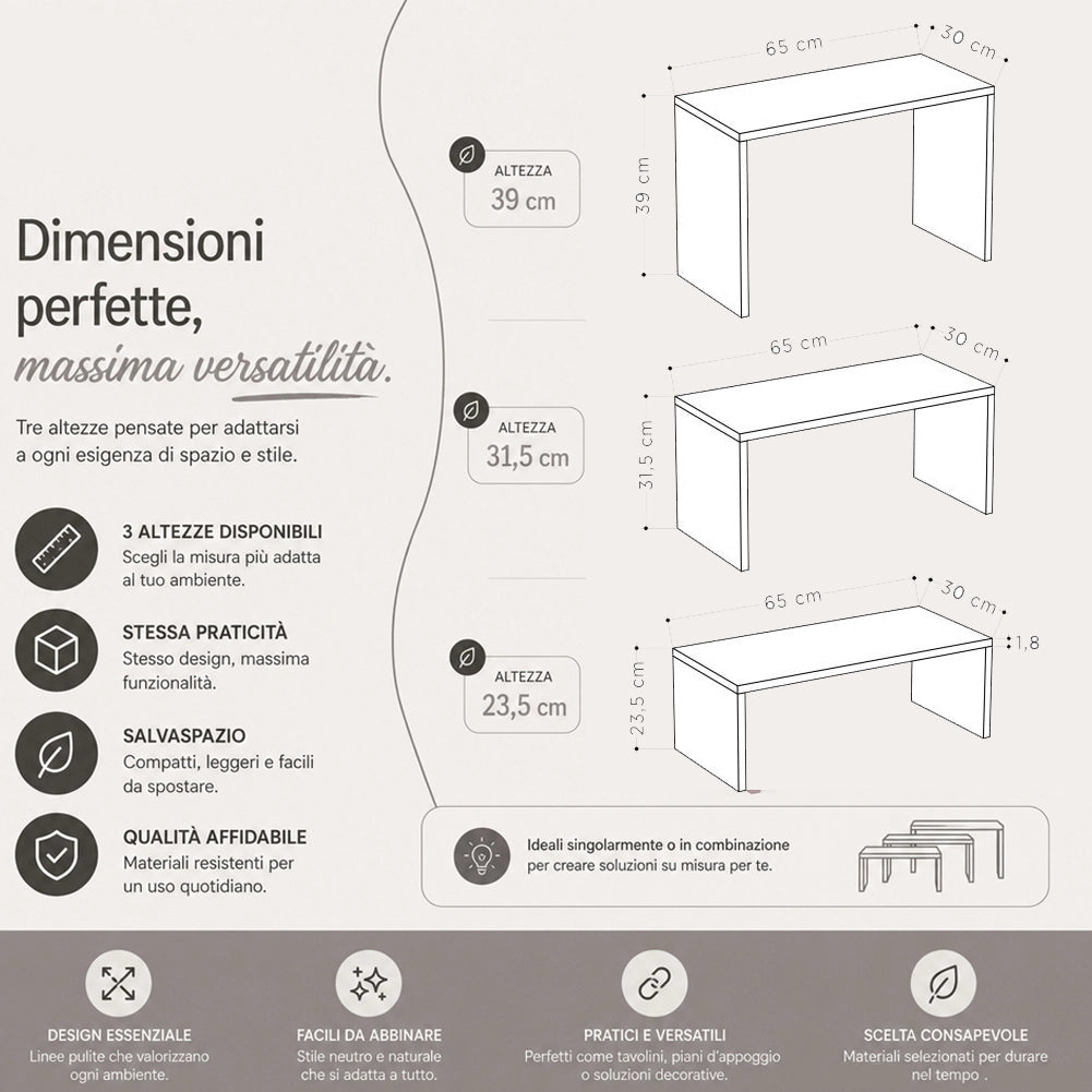 Tavolino Caffe Divano Salotto Rettangolare 3Pz Moderno Legno Colore Quercia