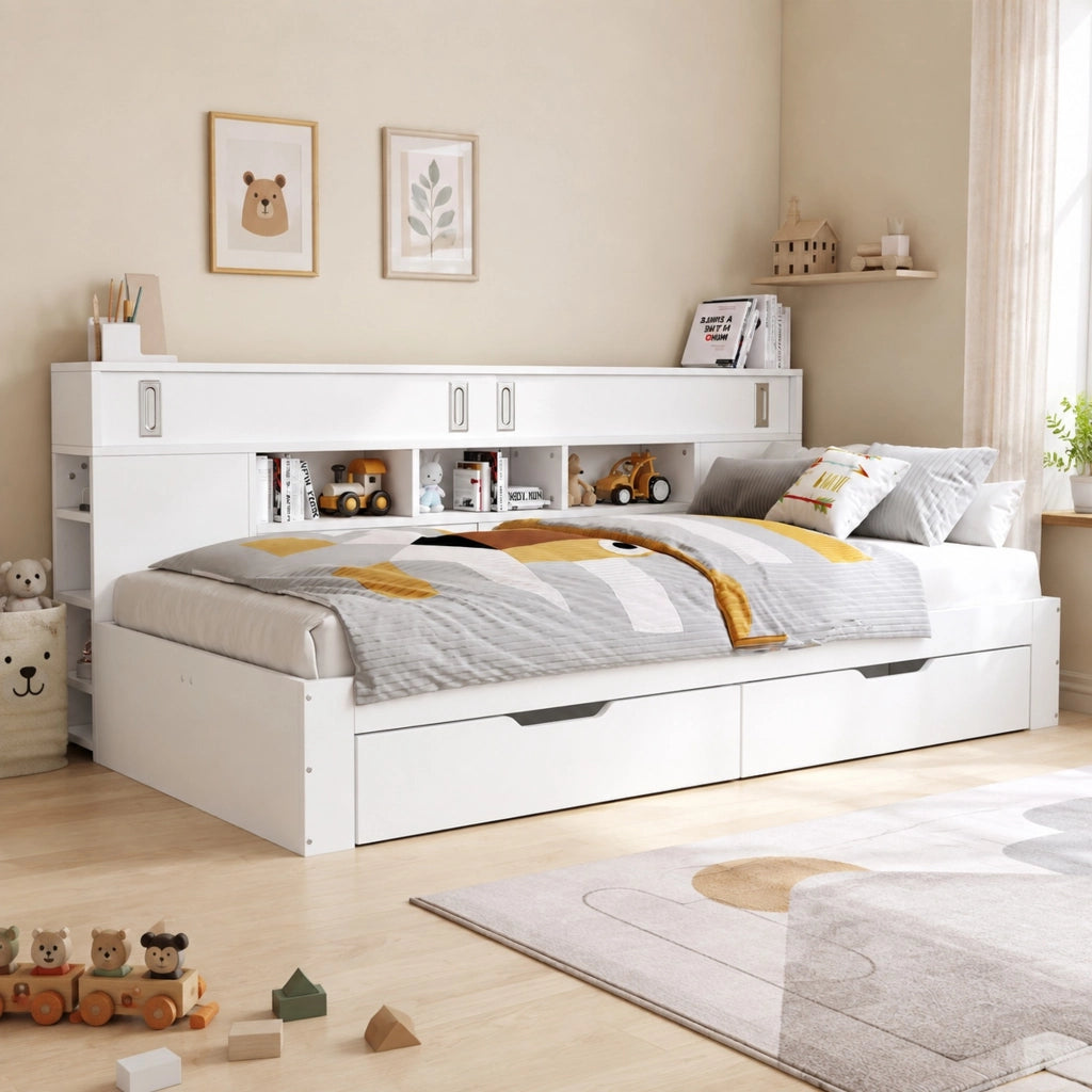 Letto giorno singolo 90x190 cm con 2 cassetti; armadio e ripiani; bianco