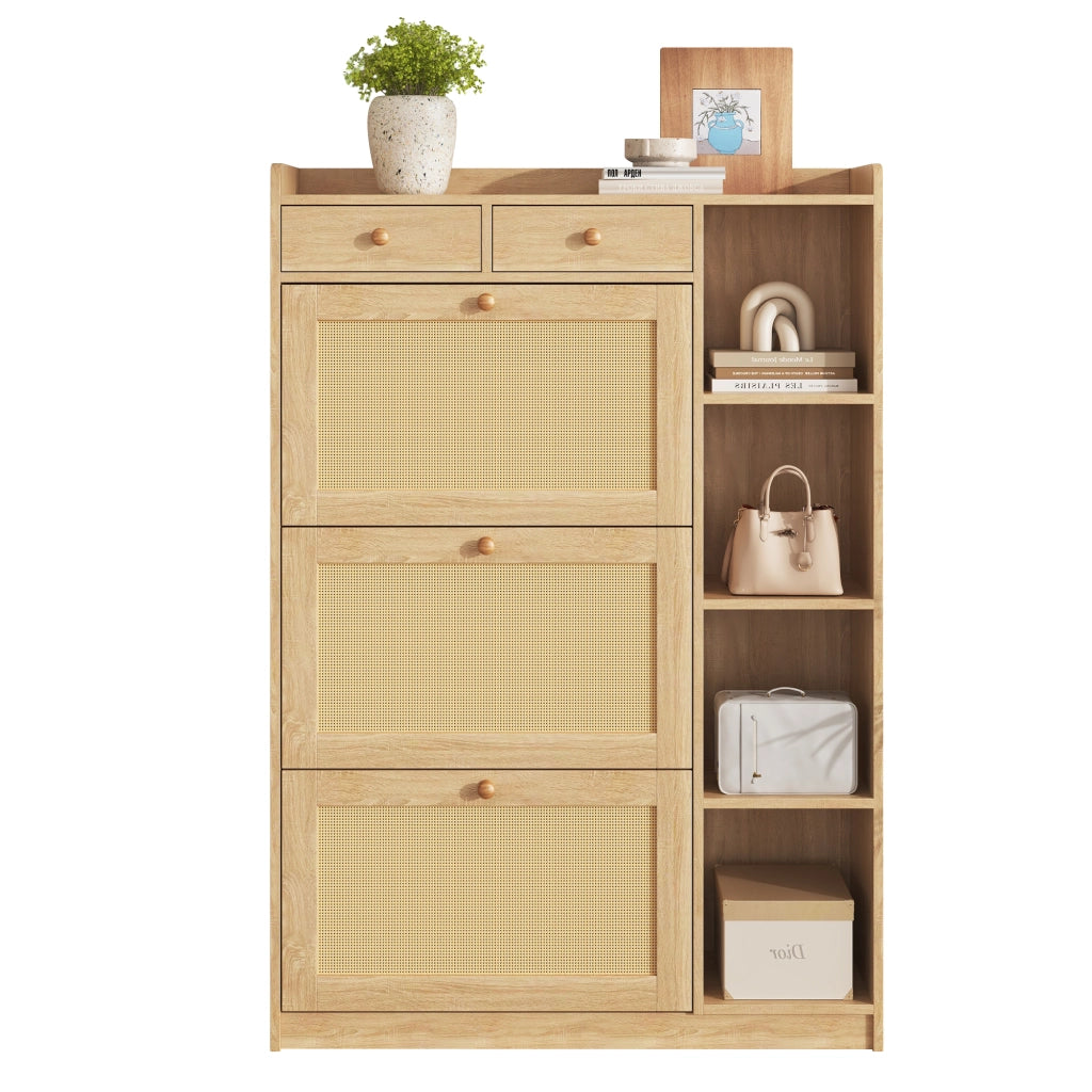Scarpiera sottile con 3 ante ribaltabili 2 cassetti e ripiani aperti laterali per ingresso naturale 90 × 24 × 130 cm