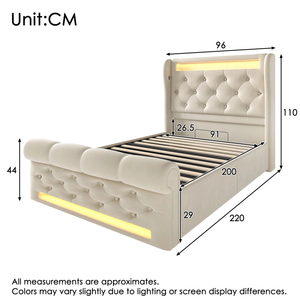 Letto imbottito con LED, ricarica USB e materasso incluso