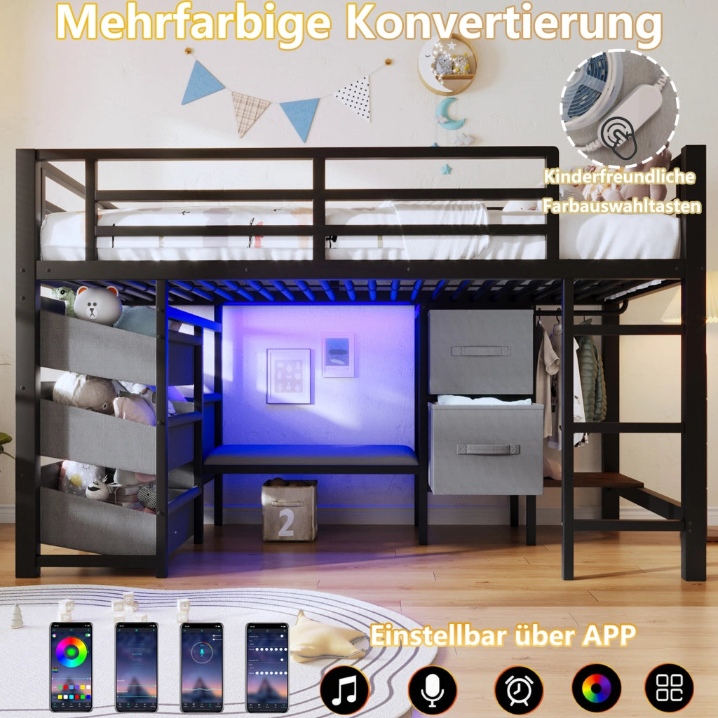 LETTO a metà altezza 90x200 cm Metallo Nero con cuscino, LED e vani portaoggetti