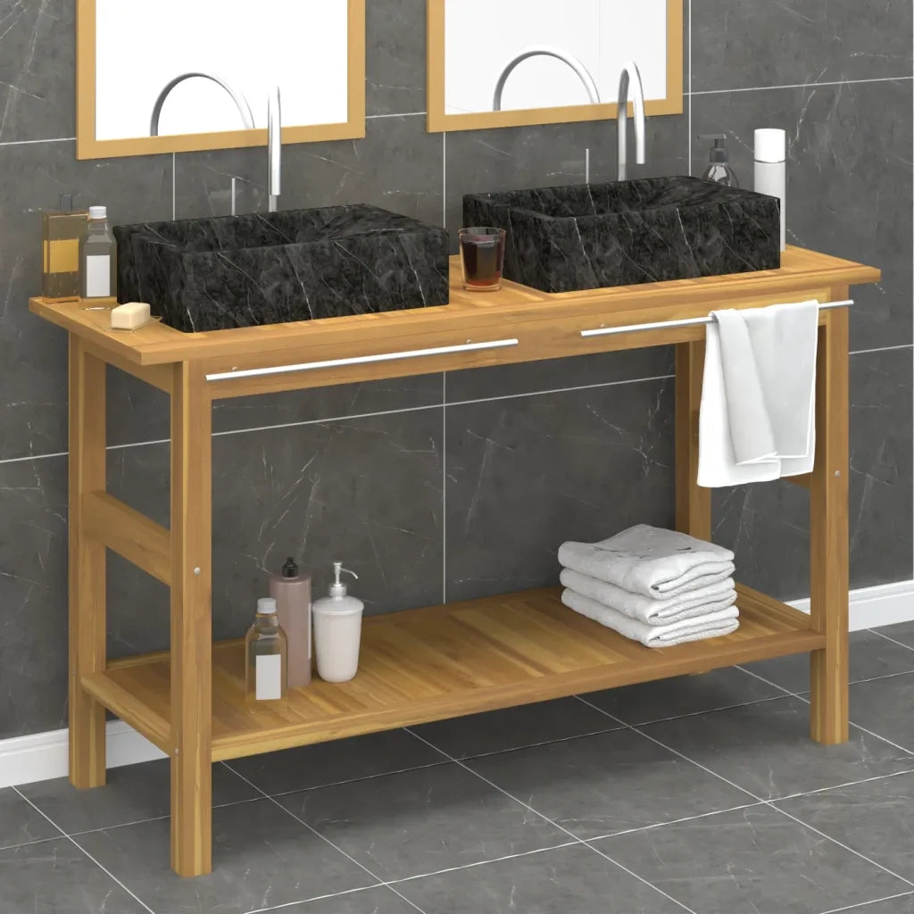 Mobile Vanità Bagno e Lavandini Marmo Nero Legno Massello Teak 3096577