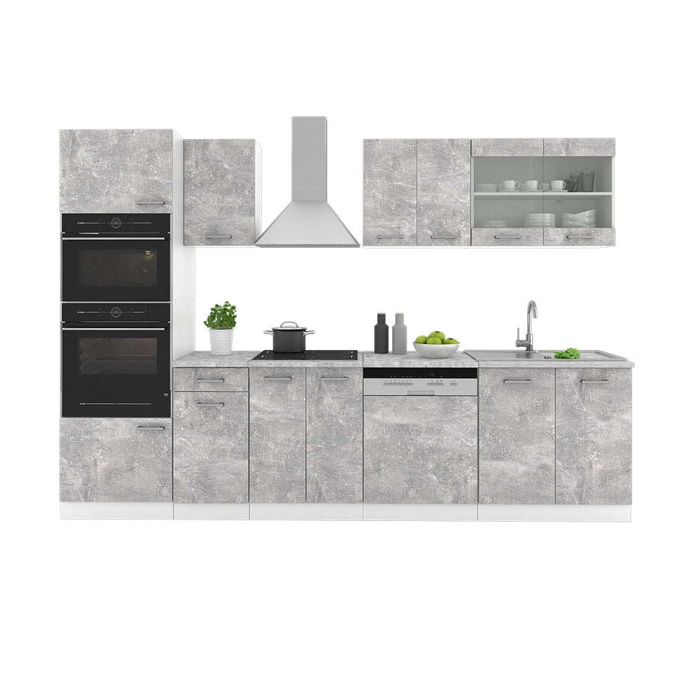 Vicco Cucina componibile Cemento/Bianco 300 cm con armadio alto, PL Antracite