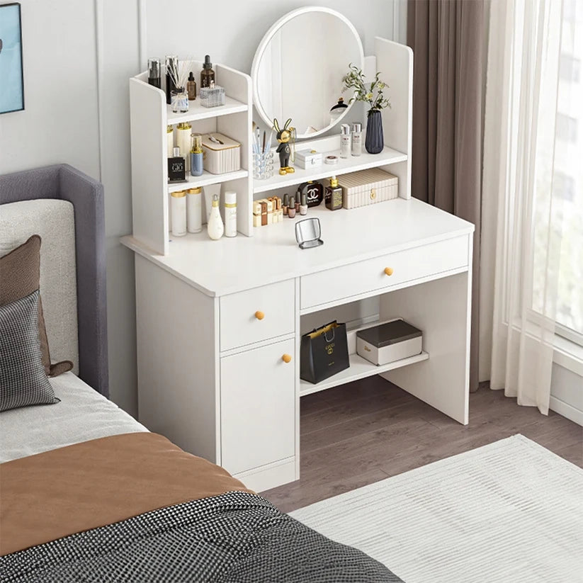 Toeletta trucco 80x34x125 cm, finitura bianca, ideale per la camera da letto.