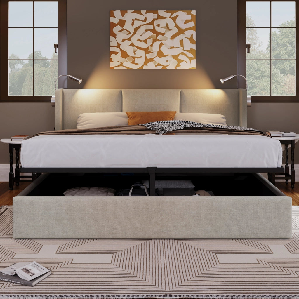 LETTO imbottito 140x200 cm in lino beige con lampada da lettura e USB