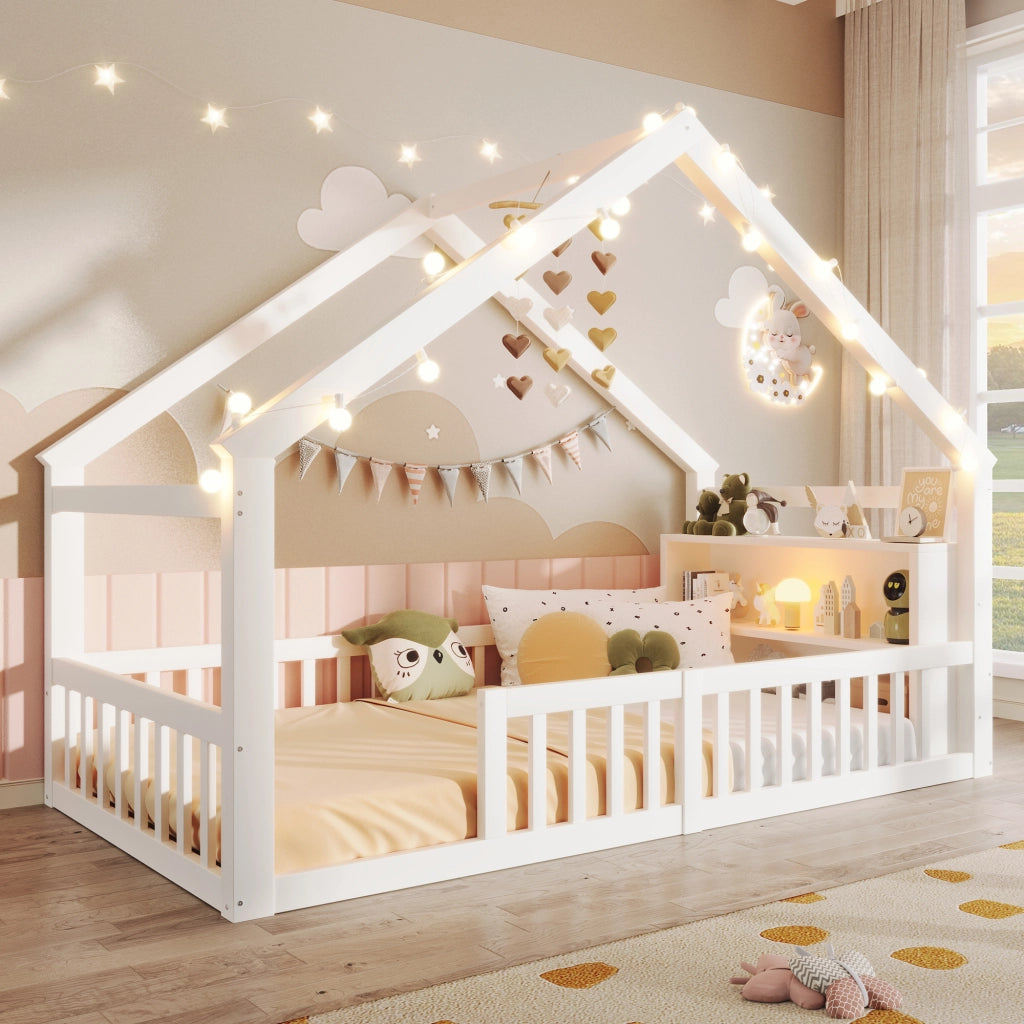 OKWISH Letto a Casetta 90×190 cm, Letto Singolo con Spondine, Mensole e Lucine Decorative, senza Materasso, in Pino, Bianco
