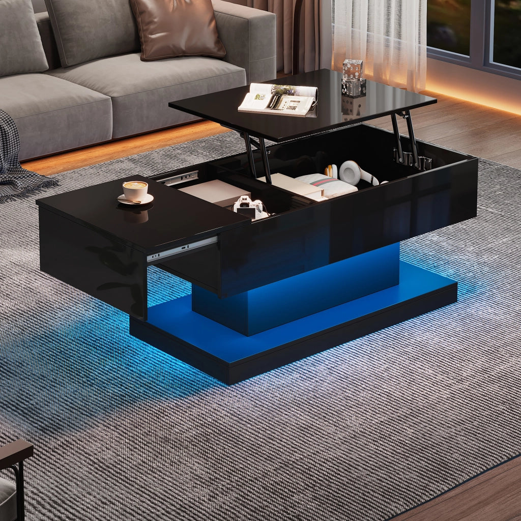 Tavolino da caffè con piano alzabile; vano contenitore e LED - per soggiorno - in truciolare - 100x50x45 cm - nero