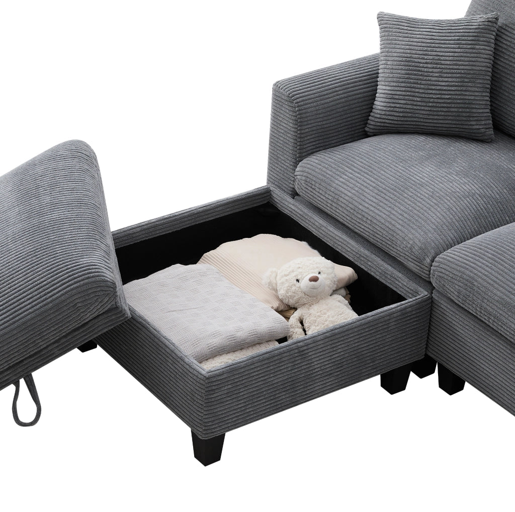 Divano angolare modulare con pouf contenitore; console con 2 USB e portabicchieri; corduroy grigio