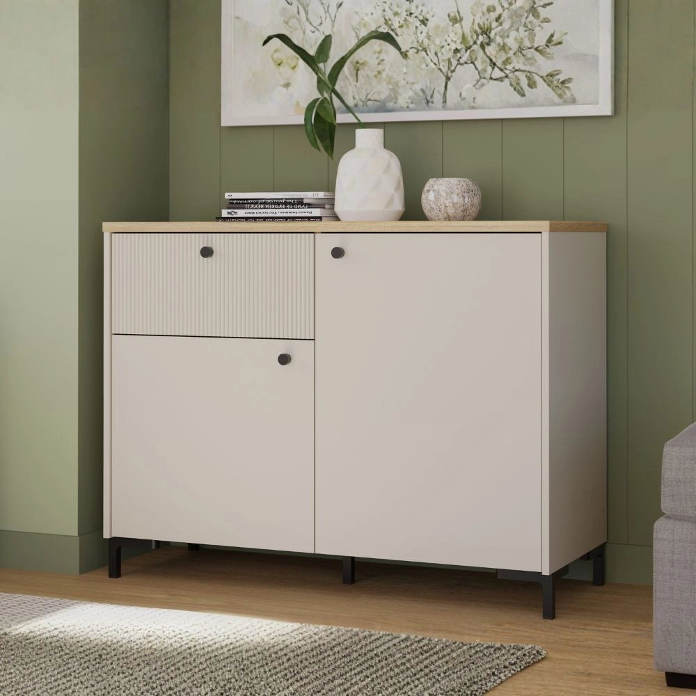 Madia Unit Cashmere con 2 Ante, Cassetto Cannettato e Top Rovere