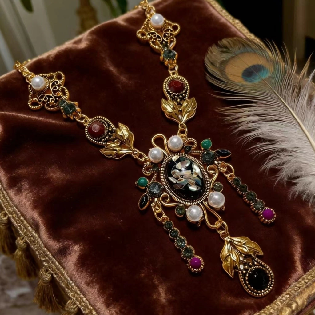 Collana Hanfu retr¨° da donna, catena per clavicola con perle di cristallo, ciondolo con pietre preziose, catena per maglione