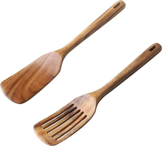 Sbattitori in Teak, Set di 2, 34 x 6,5 cm, Solido, con Manico Lungo, a Fessura, Resistenti al Calore, Antibatterici, Utensili da Cucina Robusti, Protezione contro le Scalfitture per Padelle