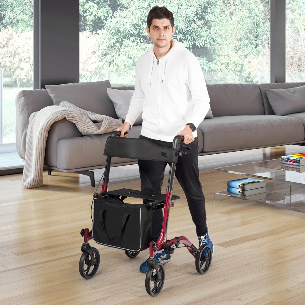Girello leggero e compatto con sedile maniglia borsa per anziani e adulti, Deambulatore pieghevole in alluminio Rosso-Sedie per doccia
