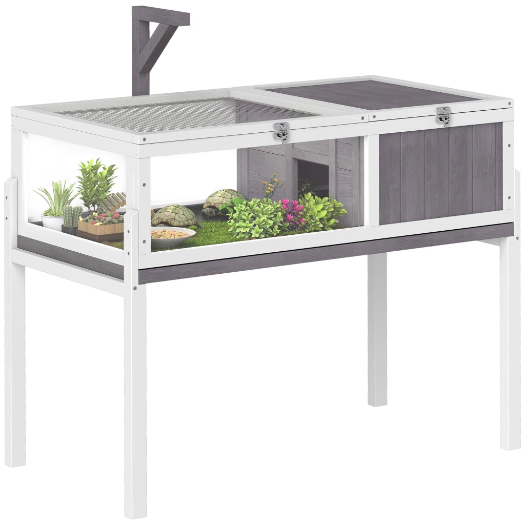 Casetta Tartarughe Rialzata ¨C Minimal ¨C Legno e Plastica, Grigio e Bianco, 104x53x82 cm