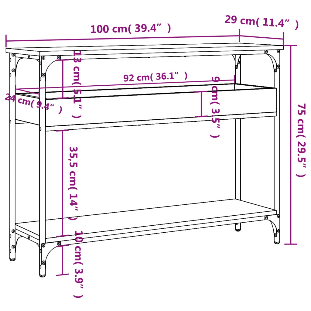 Tavolo Consolle Ripiano Rovere Fumo 100x29x75 Legno Multistrato 837719