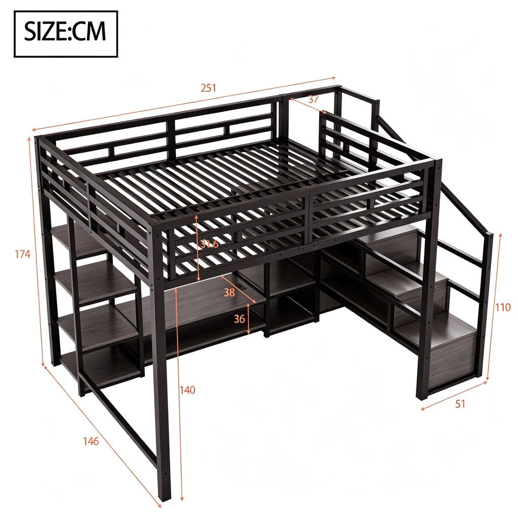 Letto a soppalco matrimoniale 140×200 cm con supporto TV; presa elettrica e scala; senza materasso; metallo; nero
