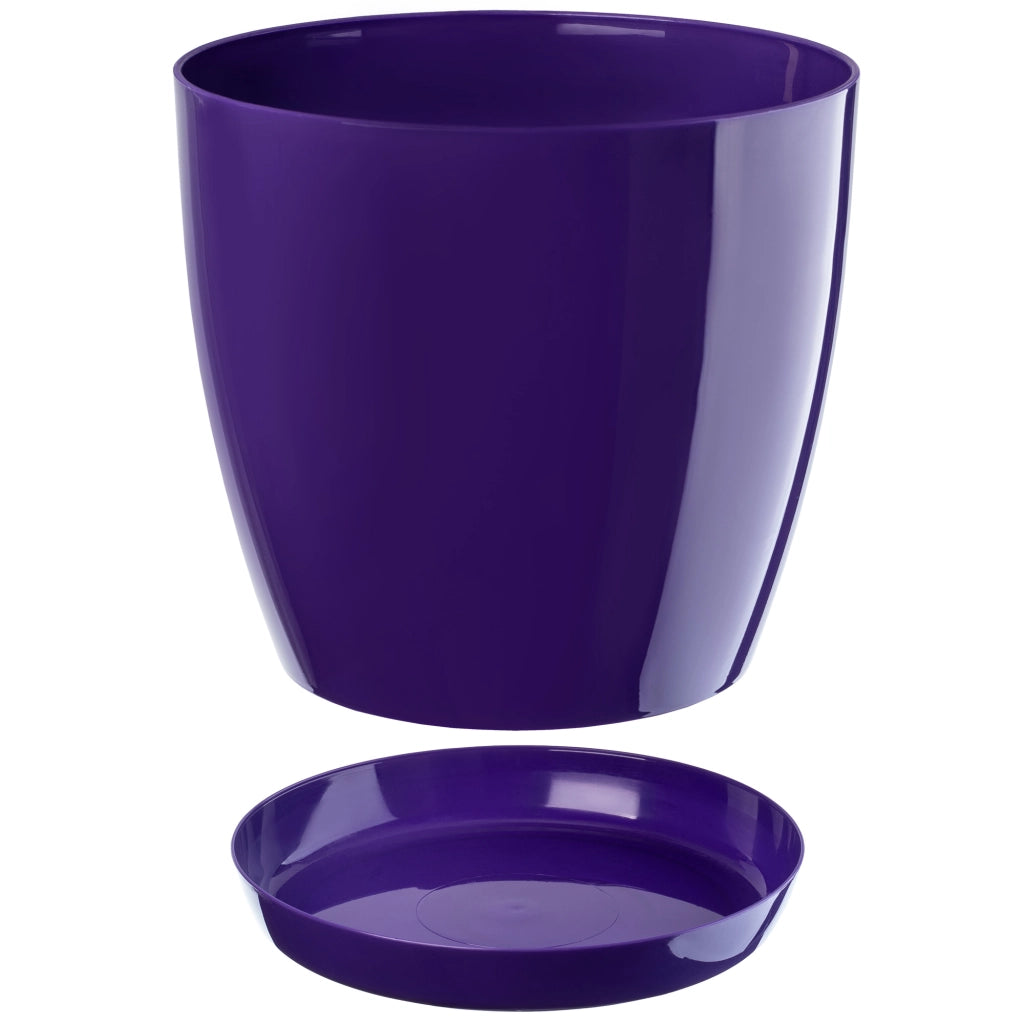 Vaso da fiori KADAX con sottovaso e coperchio in plastica, 28 cm, fiori viola. Kadax