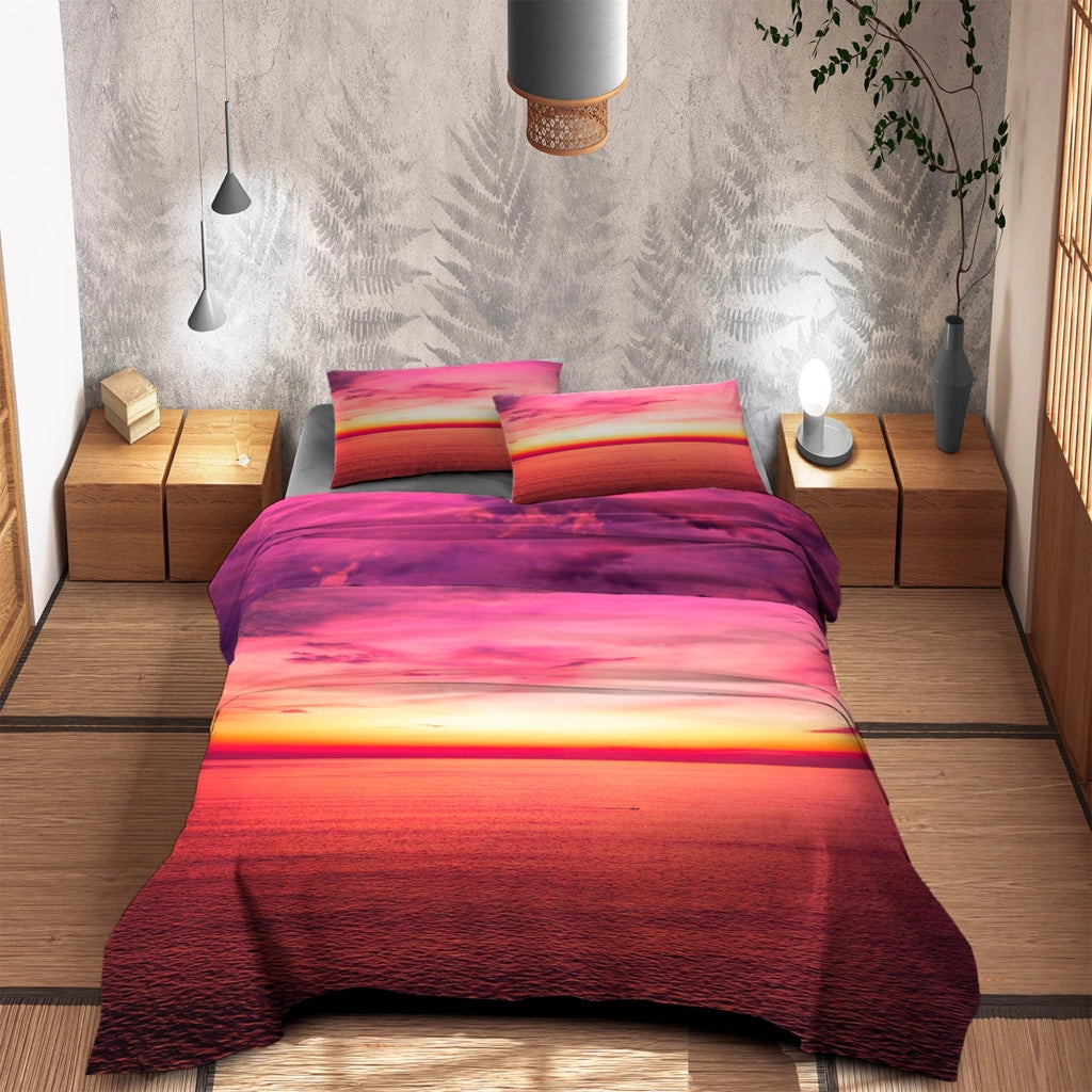 Completo Letto Lenzuola 100% Cotone Set Lenzuolo Moderno Sotto Sopra Federe Due Stampe In Altissima Definizione Dis6SunsetDream - Matrimoniale