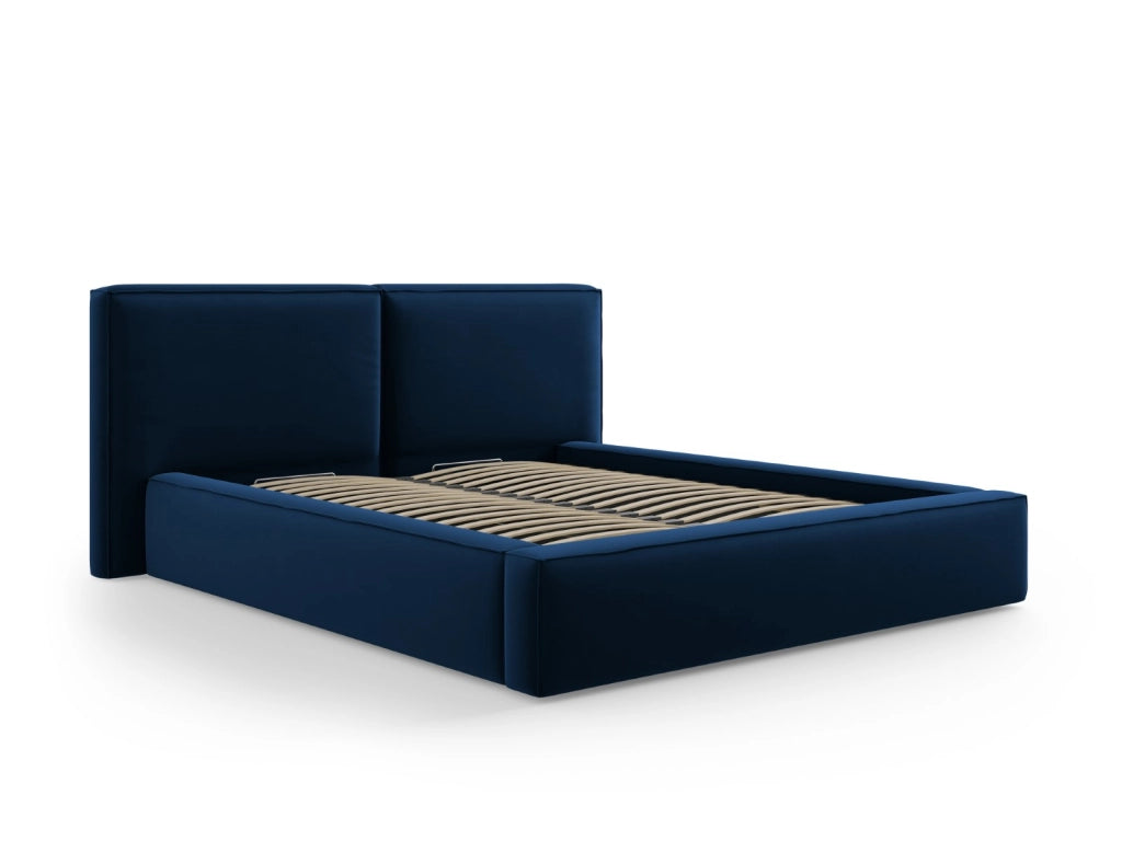 Cosmopolitan Design - Letto a cassettone con testiera doppia "Arendal" 200x200cm in velluto blu reale 