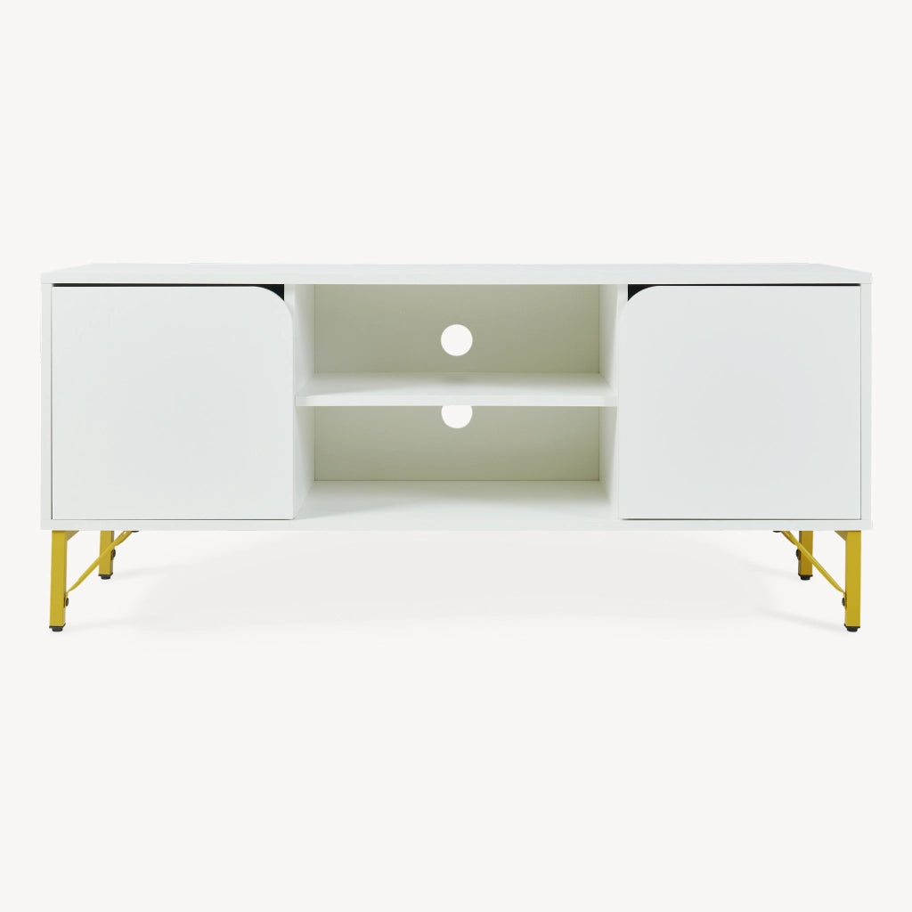Mobile Porta TV Reyri a 2 Ante e 2 Vani Aperti 120 x 39 x 52 cm - Bianco/Dorato [en.casa]