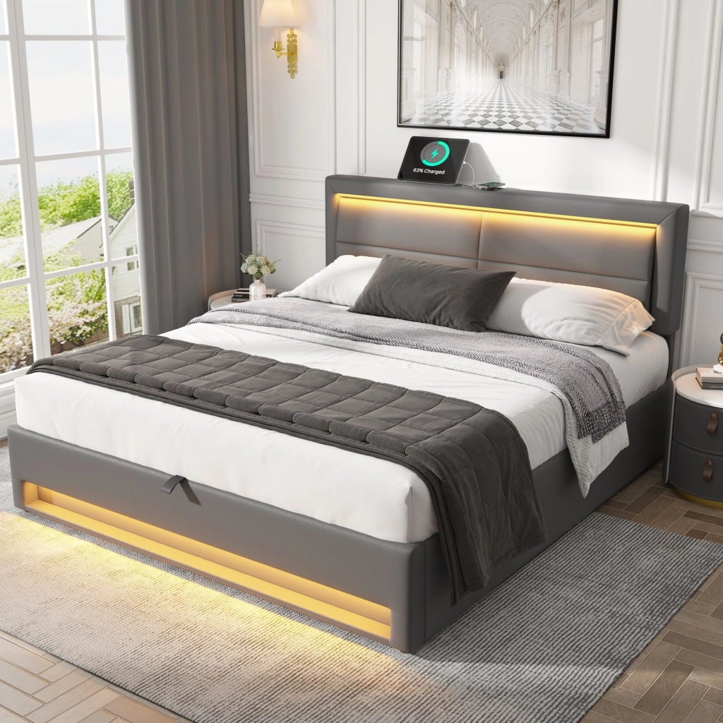 LETTO Imbottito 160x200 cm PU Grigio con USB, LED e contenitore