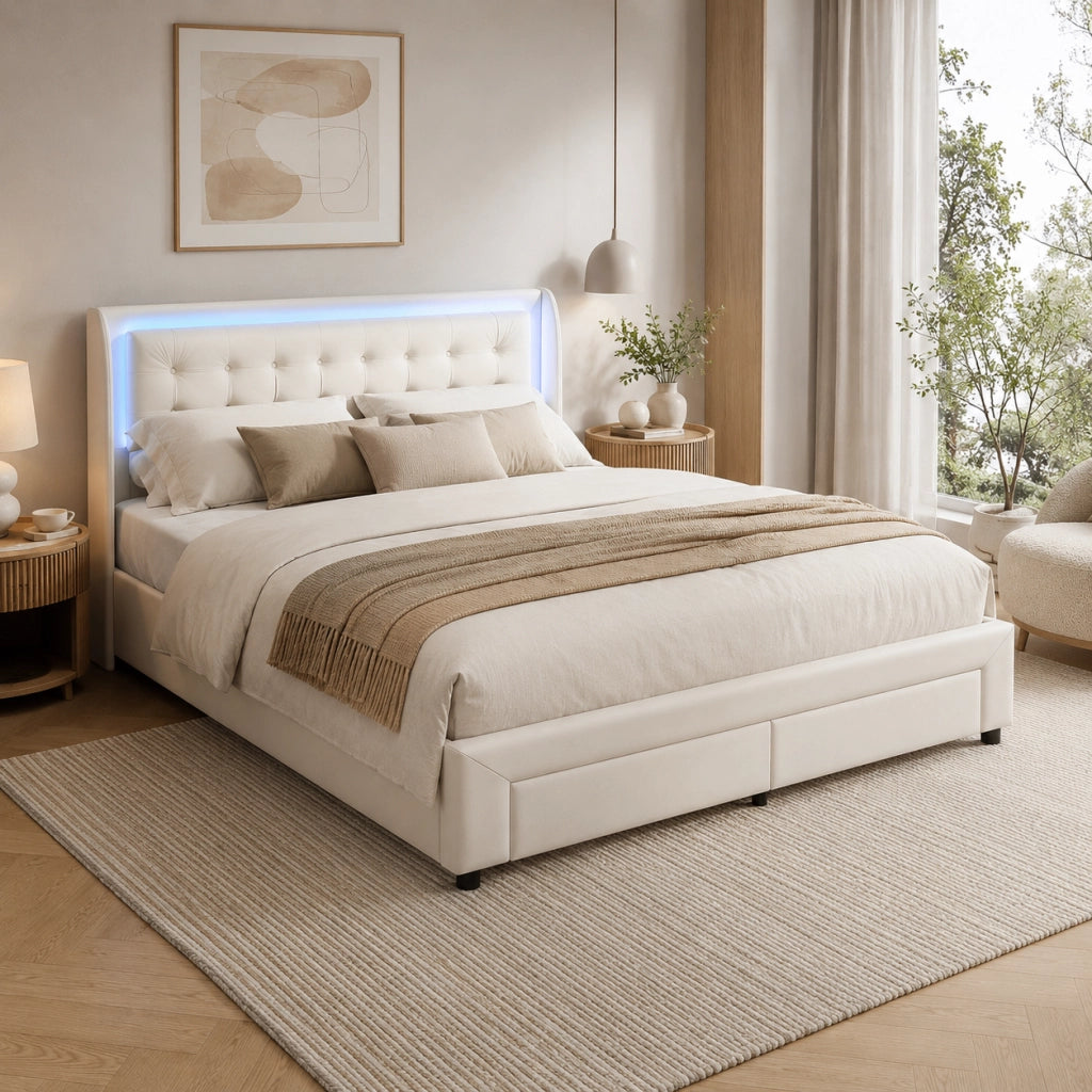 Letto matrimoniale contenitore idraulico 180x200 cm, imbottito velluto beige, testiera LED RGB telecomandata, 2 cassetti, 350kg