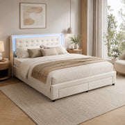 Letto matrimoniale contenitore idraulico 180x200 cm, imbottito velluto beige, testiera LED RGB telecomandata, 2 cassetti, 350kg