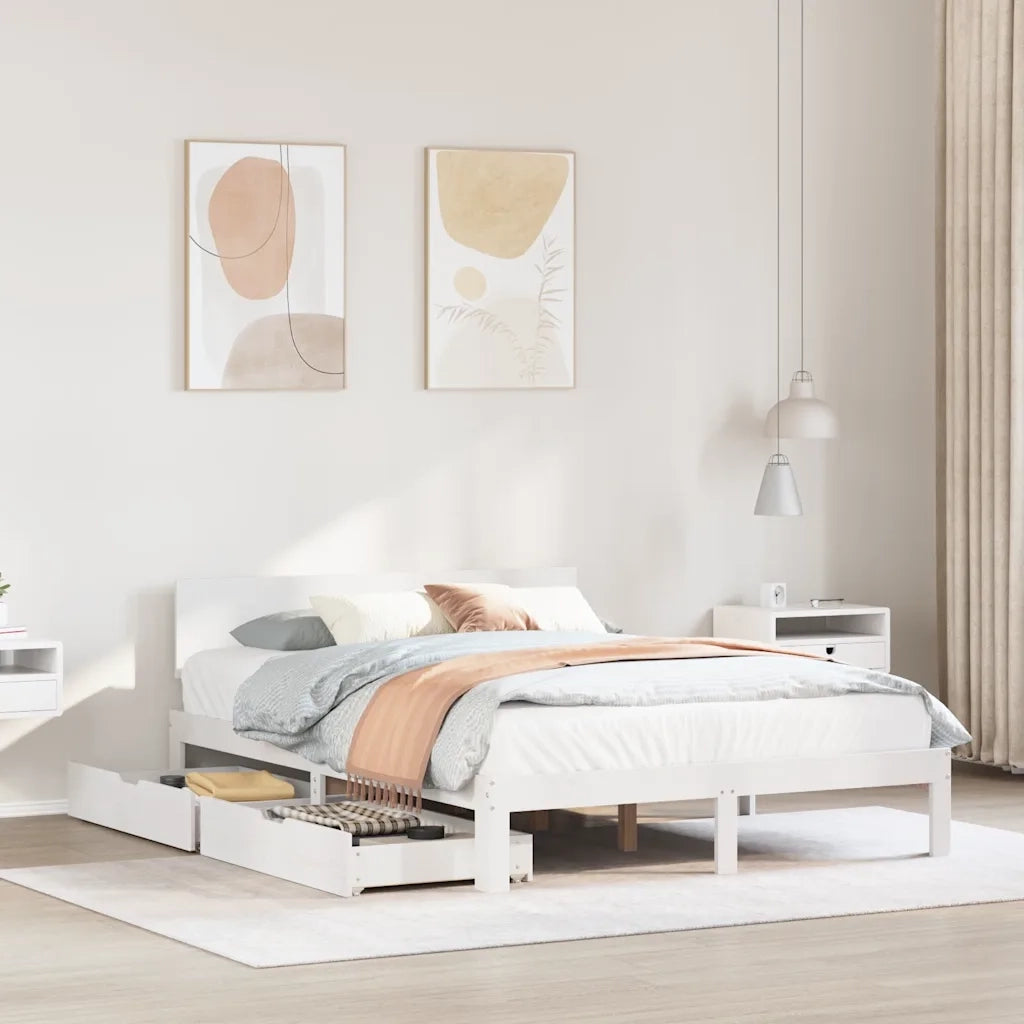 Giroletto con Cassetti Bianco 140x190 cm Legno Massello di Pino