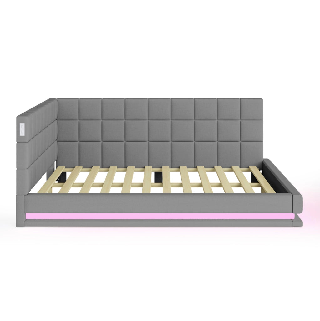 Divano letto imbottito 140x200 cm con LED e porta USB; grigio
