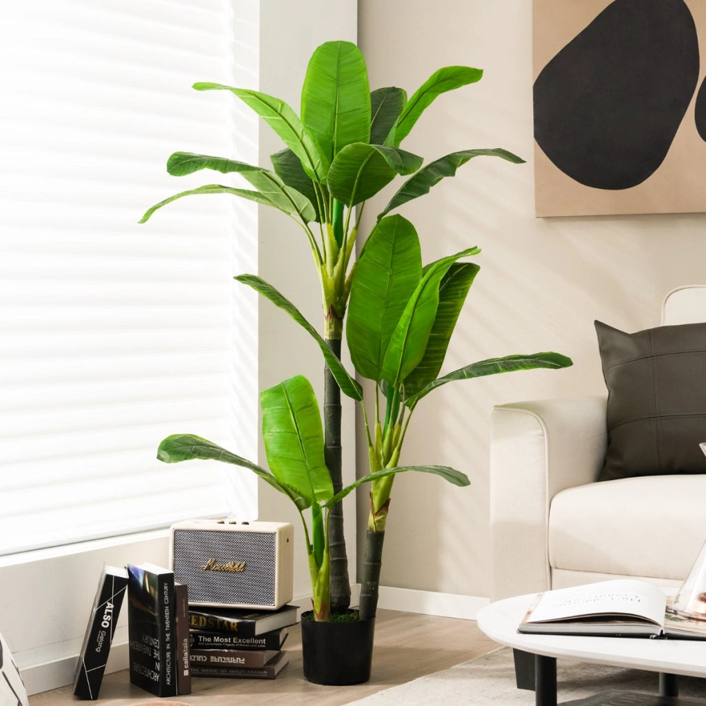 Albero di areca artificiale con supporto in cemento 18 foglie in plastica PE e 3 rami, Albero decorativo Verde