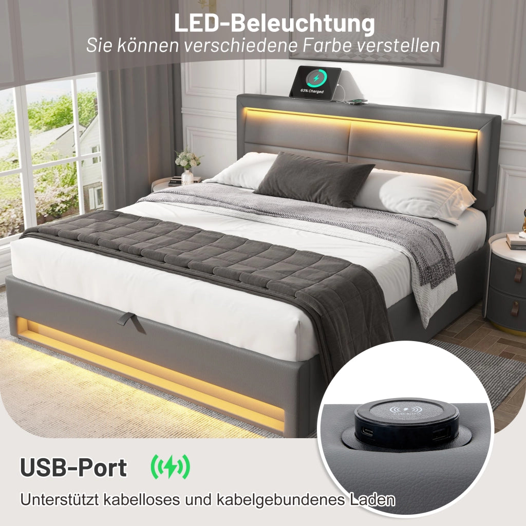 LETTO Imbottito 160x200 cm PU Grigio con USB, LED e contenitore