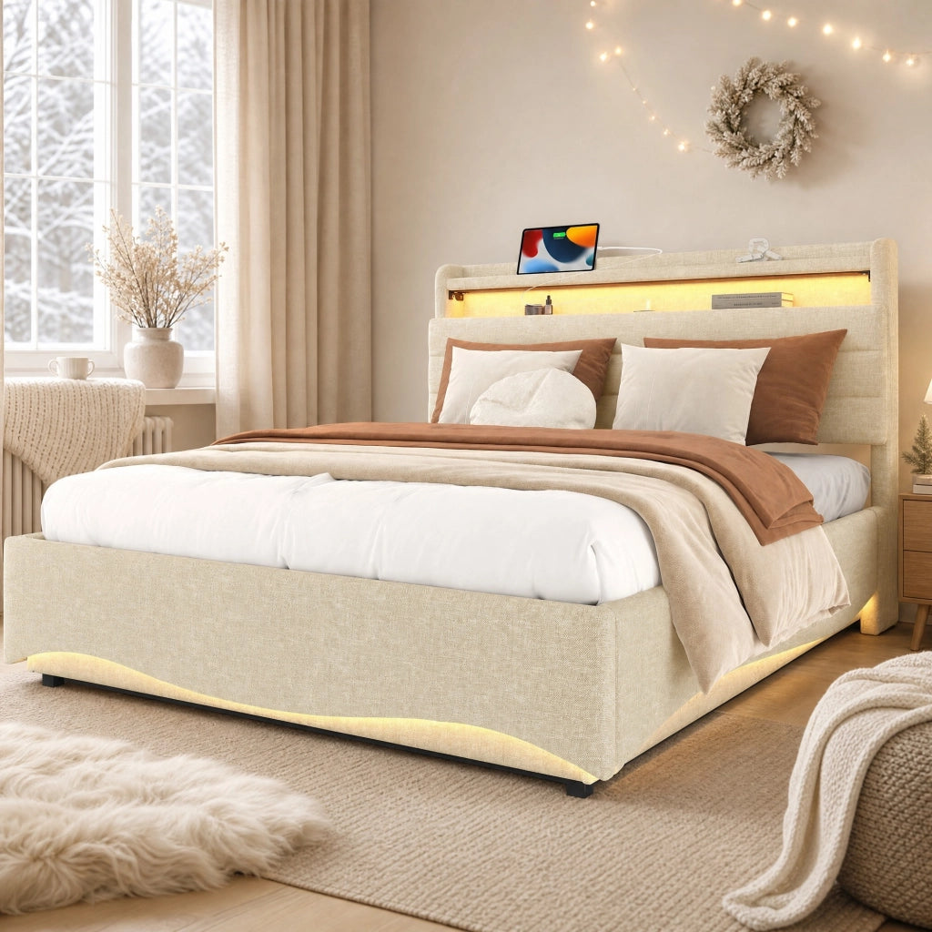 LETTO Contenitore 140x200 cm Lino Beige con LED, USB e Type-C